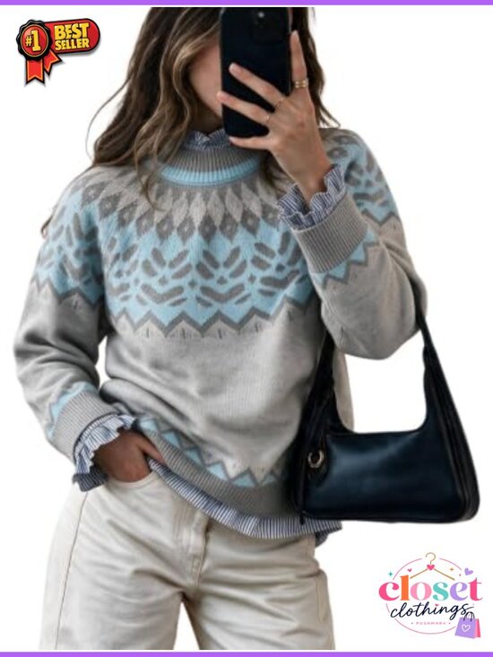 Sweaters - Nordic Fair Isle Knit Sweater Pullover Crew Neck Long Sleeve